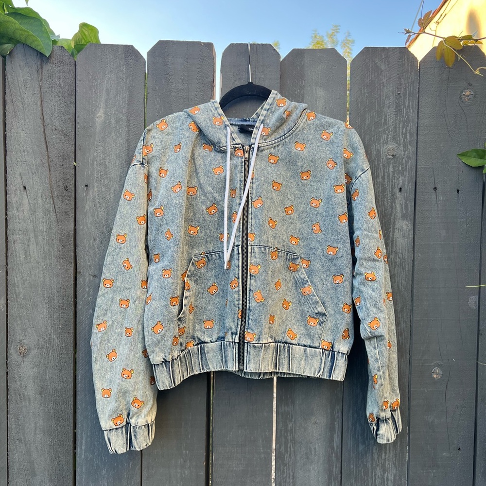 DUMBGOOD - Rilakkuma Character Repeat Denim Cropped Hoodie (L)